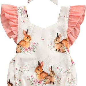 Adorable Bunny Print Dress with Pink Ruffle Sleeves